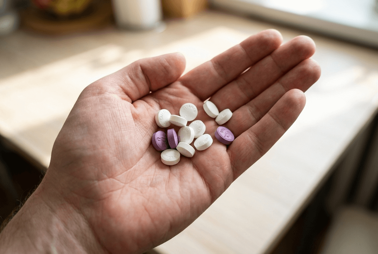 여러 종류의 작은 흰색·보라색 정제를 손바닥에 올려 놓고 성분 라벨을 확인하는 모습