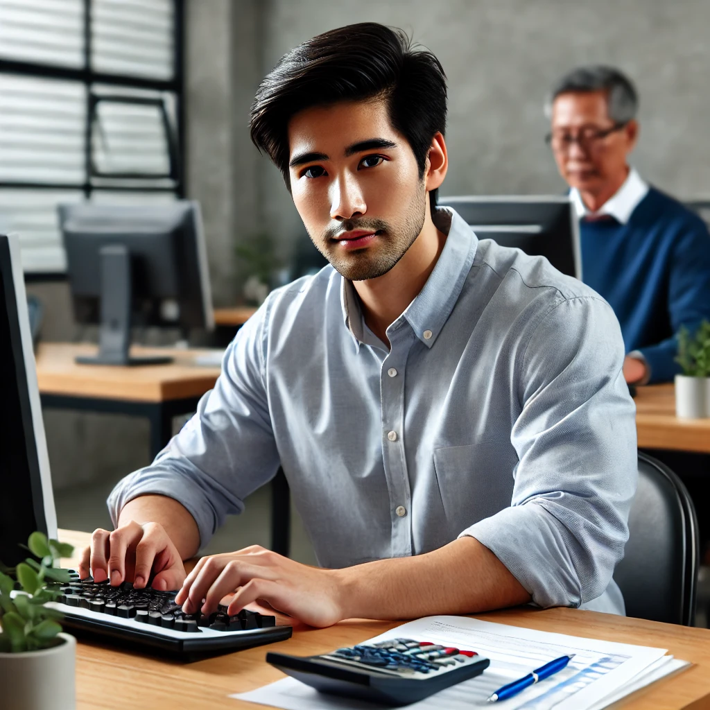 0대 초반의 한국 남성이 컴퓨터 자격증 시험 환경에서 책상에 앉아 컴퓨터로 엑셀 스프레드시트 문제를 해결하며 집중하고 전문적인 모습