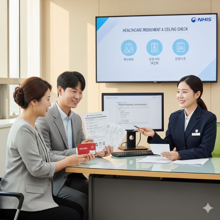 가족이 건강보험공단 기관에서 환급 신청/상한액 확인, 홈택스 연말정산 의료비자료, 영수증과 신청서류를 들고 상담받는 모습