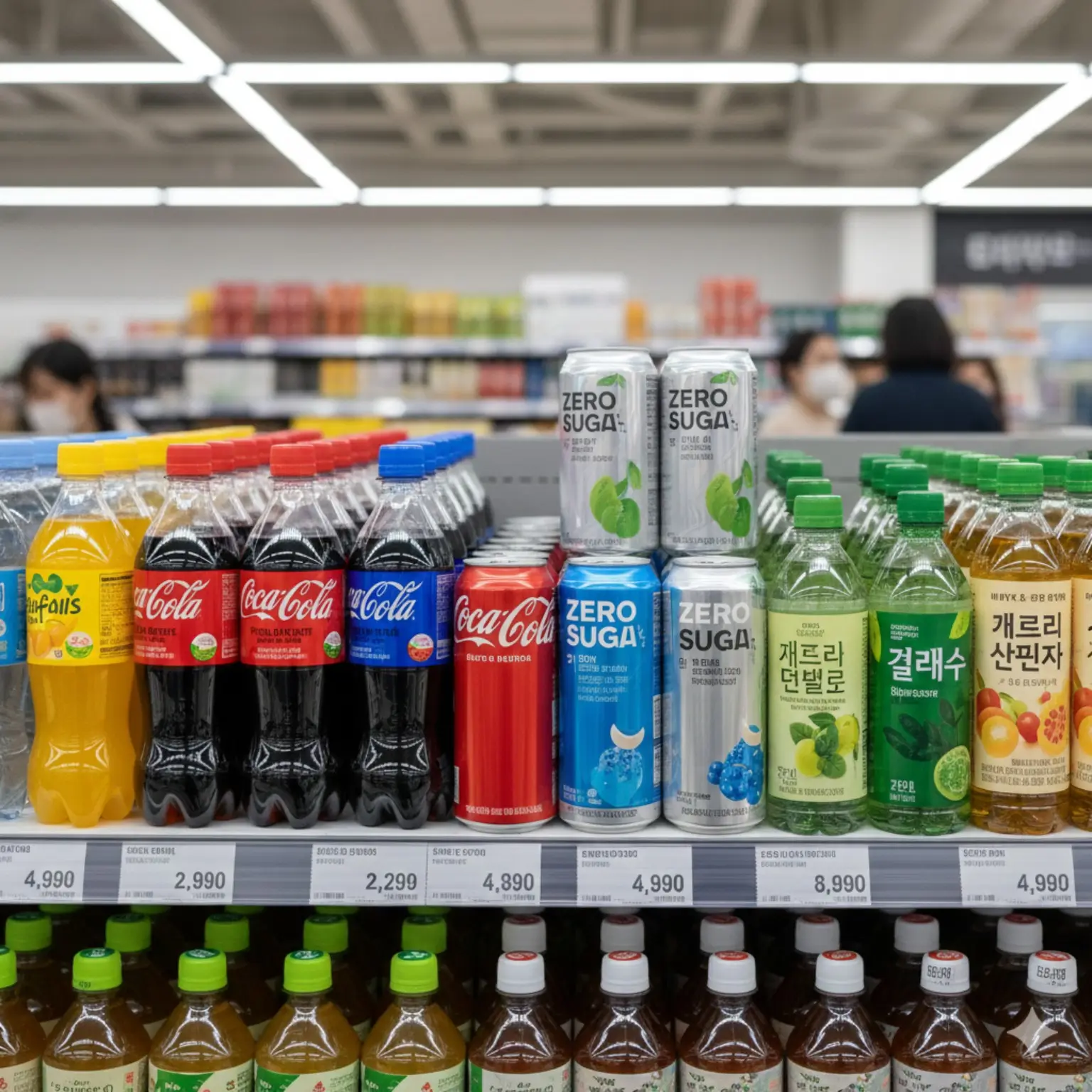 가당음료와 제로슈가 음료가 함께 진열된 마트 음료 코너에서 소비자의 선택 폭을 보여주는 모습