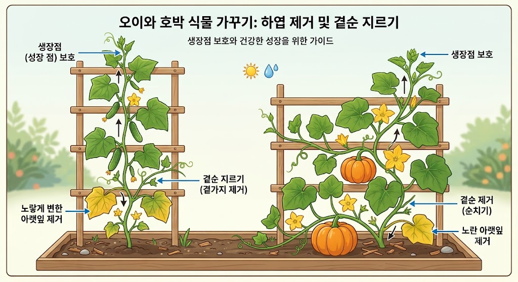 오이 호박 줄기의 노엽 제거 위치와 측지 순지르기 포인트를 안내하는 설명 삽화