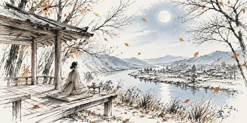 Minimalist ink fashion sketch of a solitary figure overlooking a moonlit autumn river