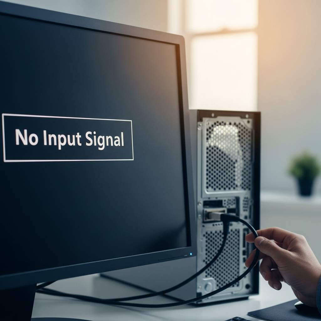 검은 모니터 화면에 '입력 신호 없음' 메시지가 뜨고, 한 손이 컴퓨터 뒷면 케이블을 확인하는 모습