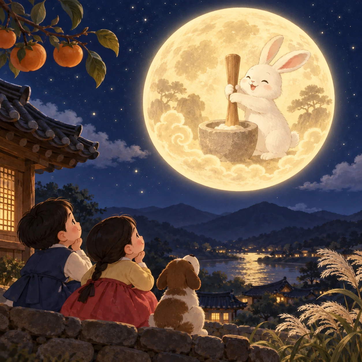 추석 보름달 아래에서 절구를 찧고 있는 귀여운 아기 달토끼 일러스트