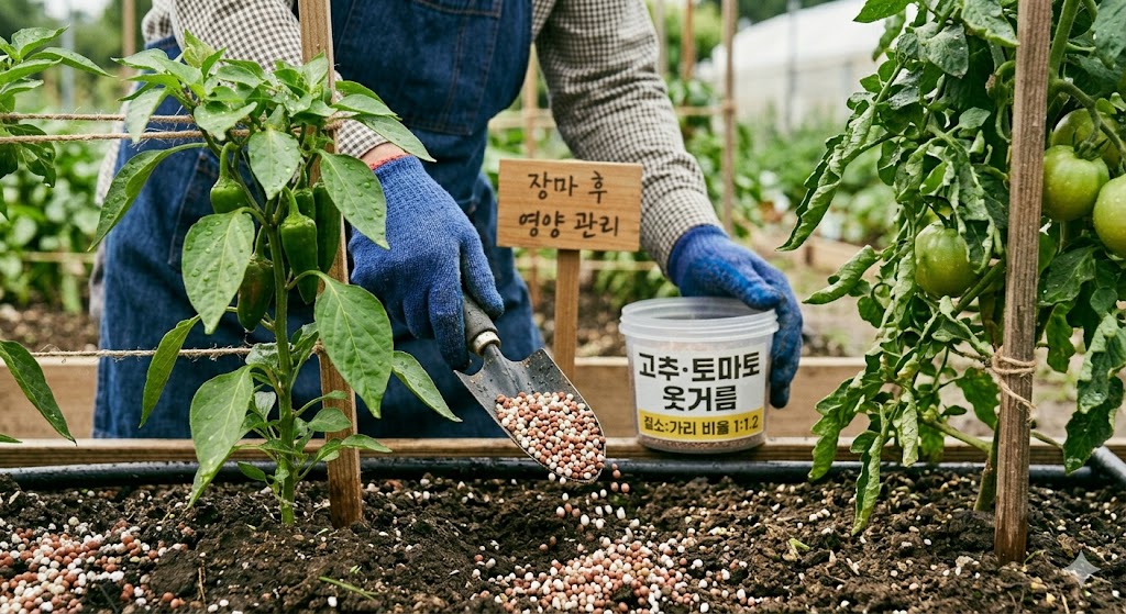 장마가 끝난 후 텃밭에서 고추와 토마토의 영양 상태를 점검하며 흙 위에 질소와 가리 복합 비료를 적절한 비율로 챙겨주는 모습
