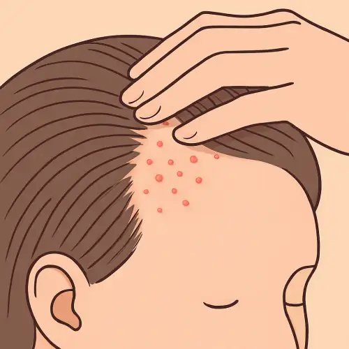 두피를 손으로 가르자 좁쌀처럼 붉은 돌기들이 드러난 모습을 표현한 그림