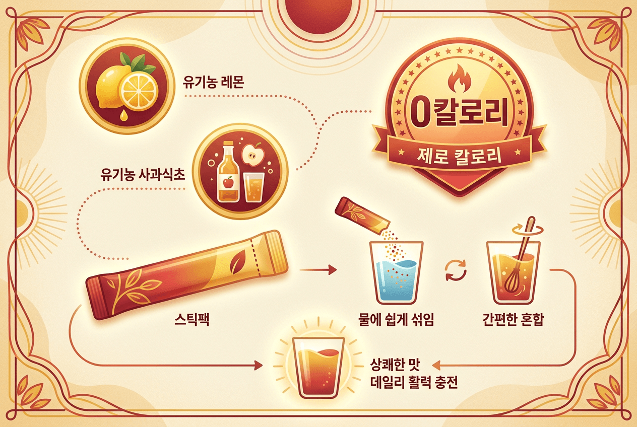 애플사이다비니거 스틱 제품의 구성 성분과 물에 타는 방법을 아이콘으로 설명한 인포그래픽 이미지