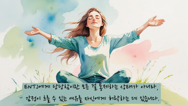 ENTJ에게 당당함이란 모든 걸 통제하는 상태가 아니라, 감정이 흐를 수 있는 여유를 자신에게 허락하는 데 있습니다에 관한 그림입니다.