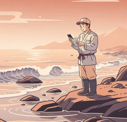 물가 근처에서 물때표 앱 사용하는 모습