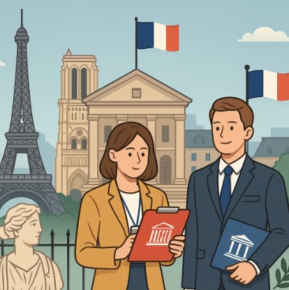 에펠탑과 노트르담을 배경으로 유산 보호 정책을 수행하는 프랑스 전문가