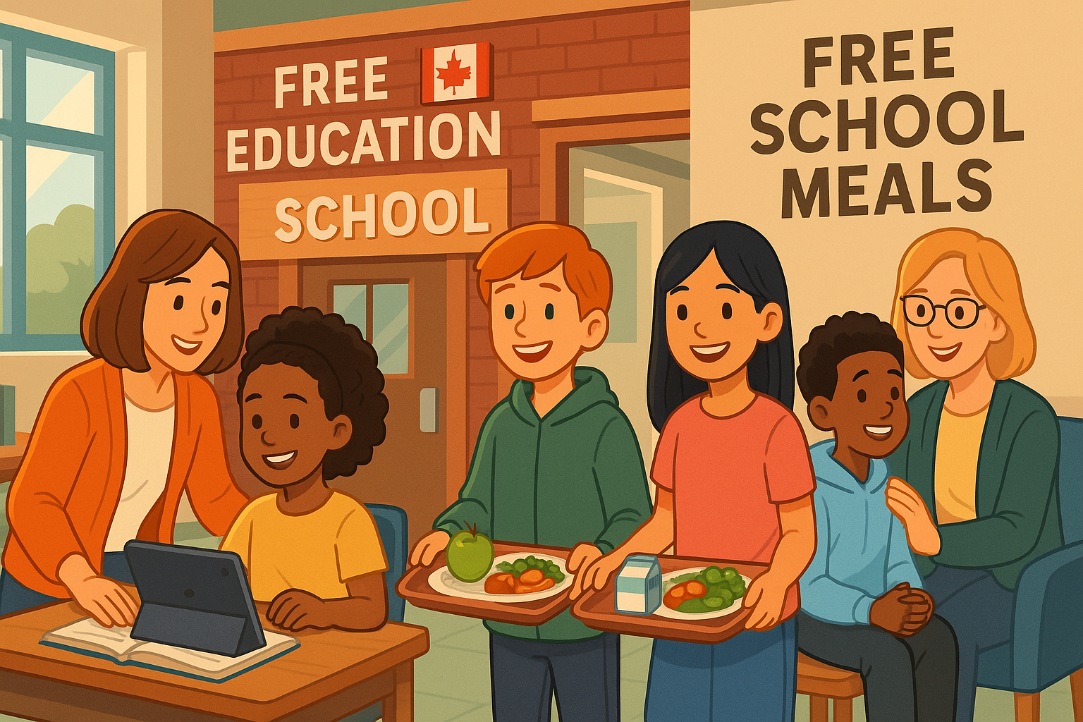 캐나다의 무상교육, 무상급식을 실시하고 있는 학교에서 공부하고, 급식을 먹는 아이들의 모습 일러스트