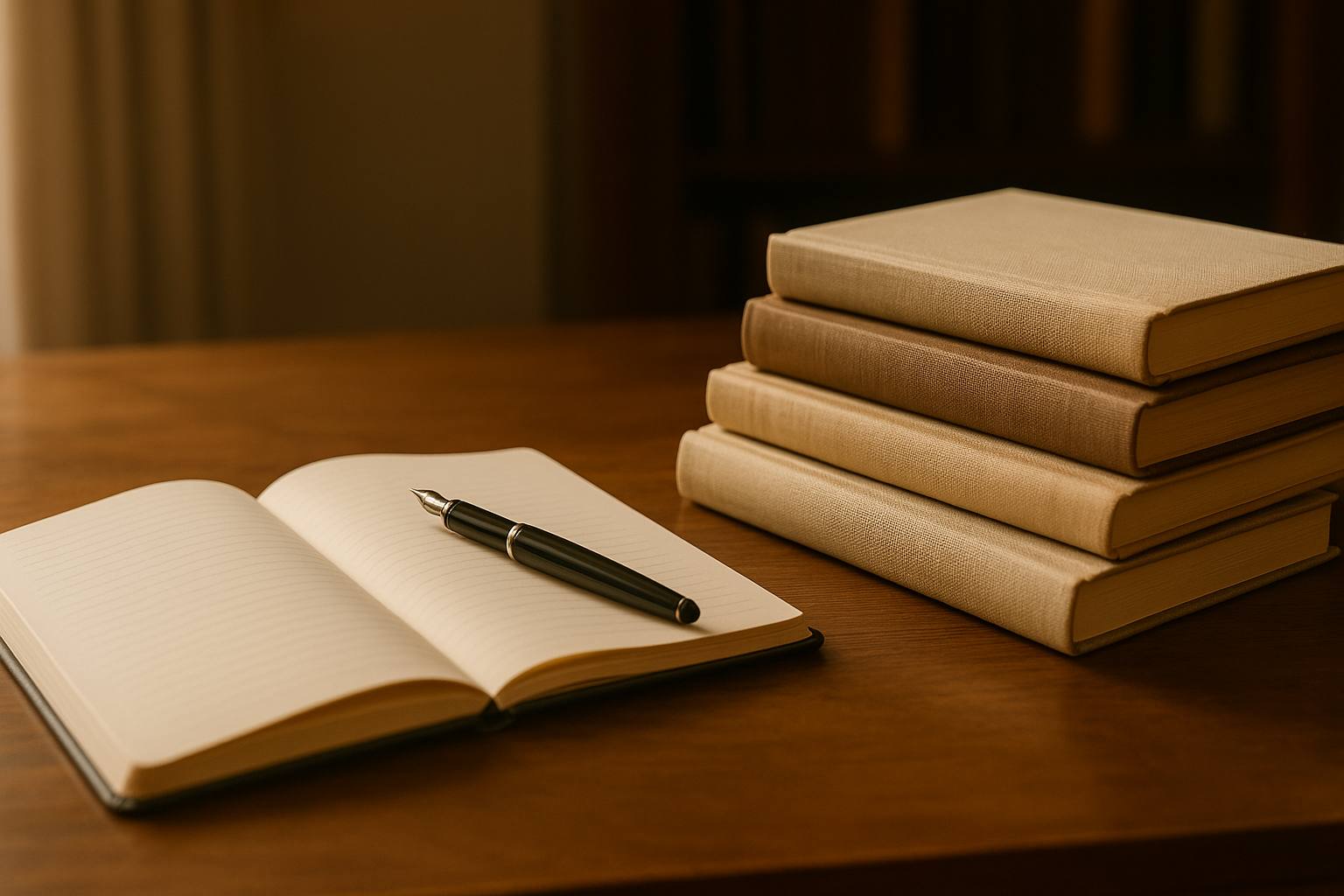 따뜻한 자연광이 드는 서재의 고급스러운 책상 위에 펼쳐진 노트와 만년필, 여러 권의 감성적인 책들이 자연스럽게 포개져 있는 모습. 조용하고 차분한 분위기가 느껴지는 실제 사진.