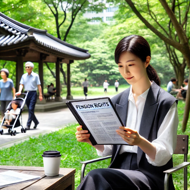 태블릿으로 연금 권리에 관한 문서를 검토하는 여성의 모습