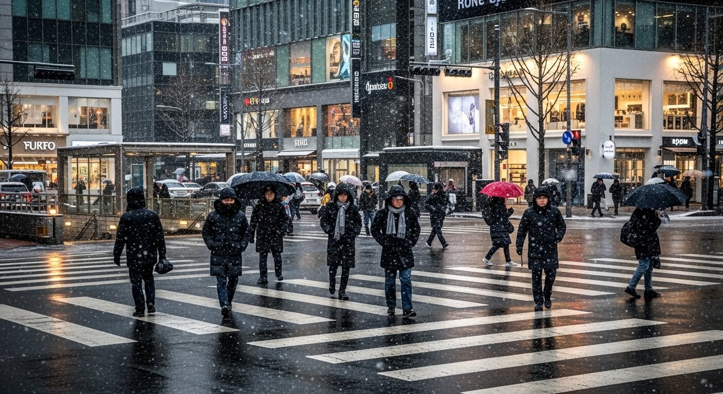 눈이 내리는 겨울 도심 번화가에서 패딩과 우산을 쓴 사람들이 사거리 횡단보도를 건너는 모습. 차가운 날씨 속에서 출퇴근 인파가 오가는 자연스러운 한국 도시 겨울 풍경.