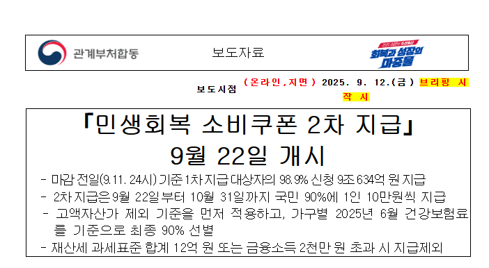 2차민생회복 지원금 2차 소비쿠폰 대상 신청 지급일 국민90% 추가지급