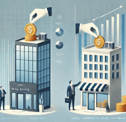 왼쪽엔 대형상가, 오른쪽엔 소형 상가가 있고 한 남자가 양쪽 상가에 투자를 하려 한다는 의미를 내포한 그림