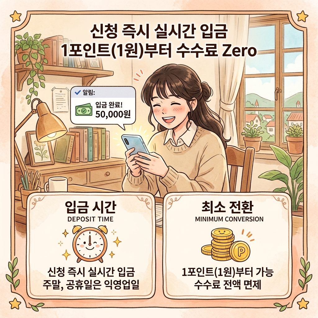 카드포인트 현금전환 입금시간 최소포인트 수수료 무료 인포그래픽