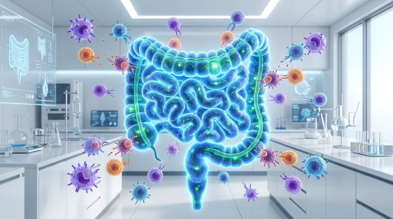 깨끗하고 밝은 연구실 배경에 인체 장기 중 장(Intestine)이 빛나고 있으며 그 주변으로 면역 세포들이 활발하게 움직이는 3D 그래픽