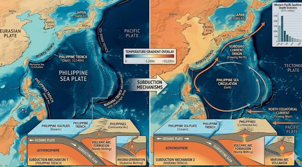 필리핀해구와 서태평양 해양 지형 도식