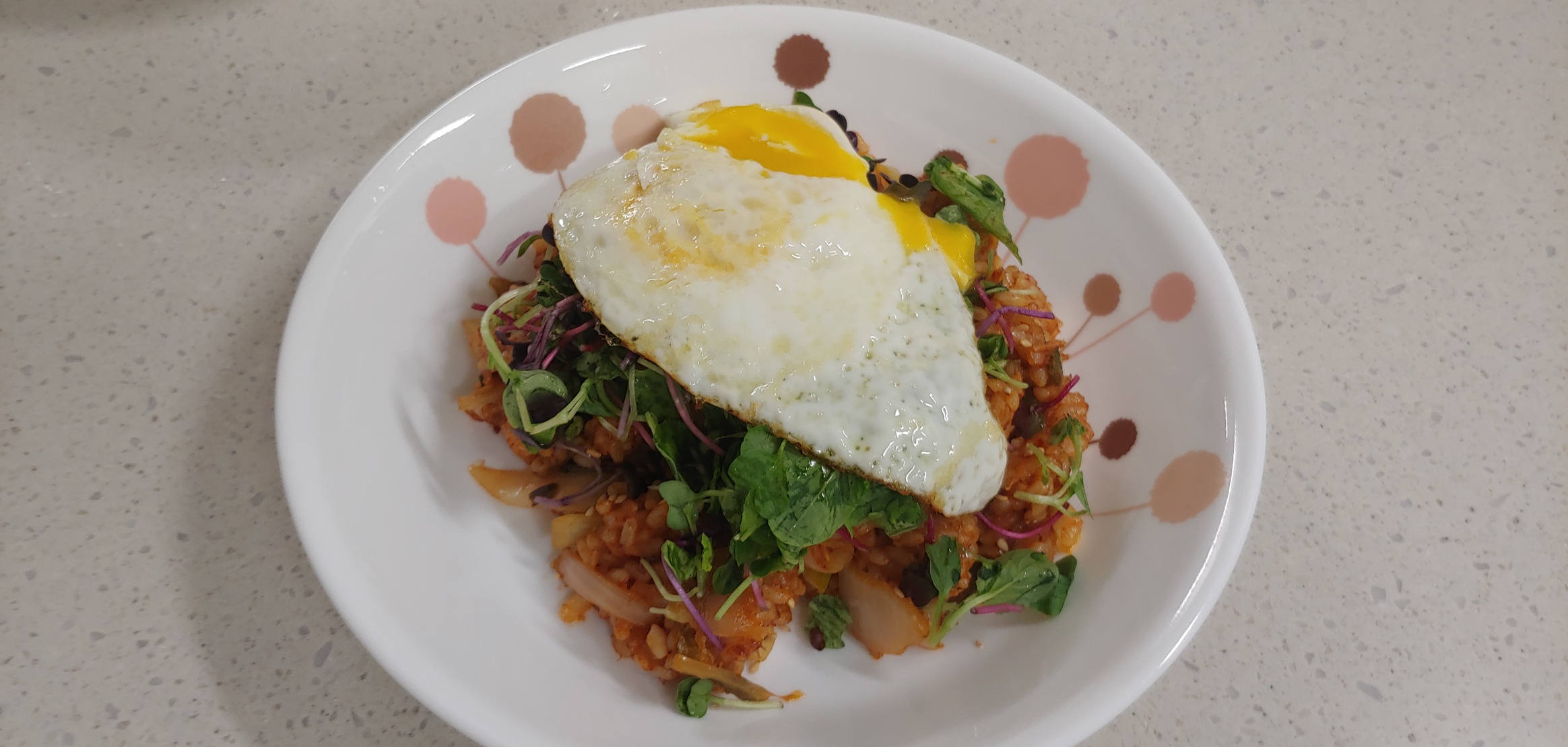 남은 어린잎으로 데코했을뿐이니 이건 신경쓰지마세요. 김치볶음밥 위에 계란프라이 1개는 국룰입니다.