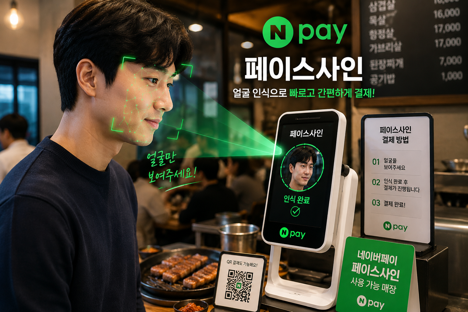 식당에서 남성이 네이버페이 페이스사인 단말기 앞에 서서 얼굴 인식으로 결제하는 모습을 표현한 AI 핀테크 결제 서비스 이미지