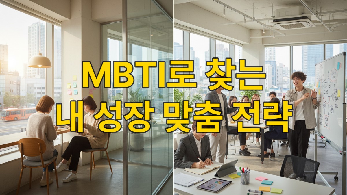 다양한 MBTI 유형의 한국 청년들이 독서, 토론, 계획 등 각자의 방식으로 자기계발 활동에 몰두하는 모습.