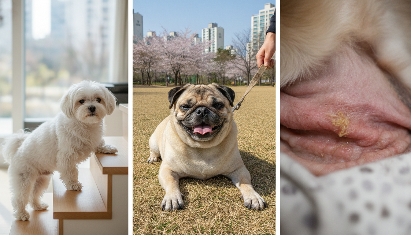 강아지 비만으로 인한 관절 문제, 호흡 곤란, 피부 질환을 보여주는 세 가지 이미지