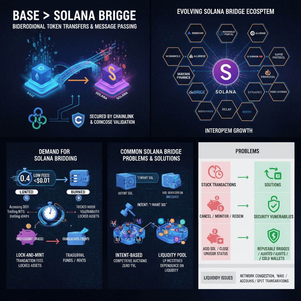 솔라나 브릿지 생태계의 작동 방식, 수요, 일반적인 문제점 및 해결책을 시각적으로 설명하는 인포그래픽. 베이스-솔라나 브릿지, 진화하는 생태계 프로젝트들, 낮은 수수료, 자산 잠금, 트랜잭션 오류, 보안 취약성, 유동성 문제 등을 포함한다.