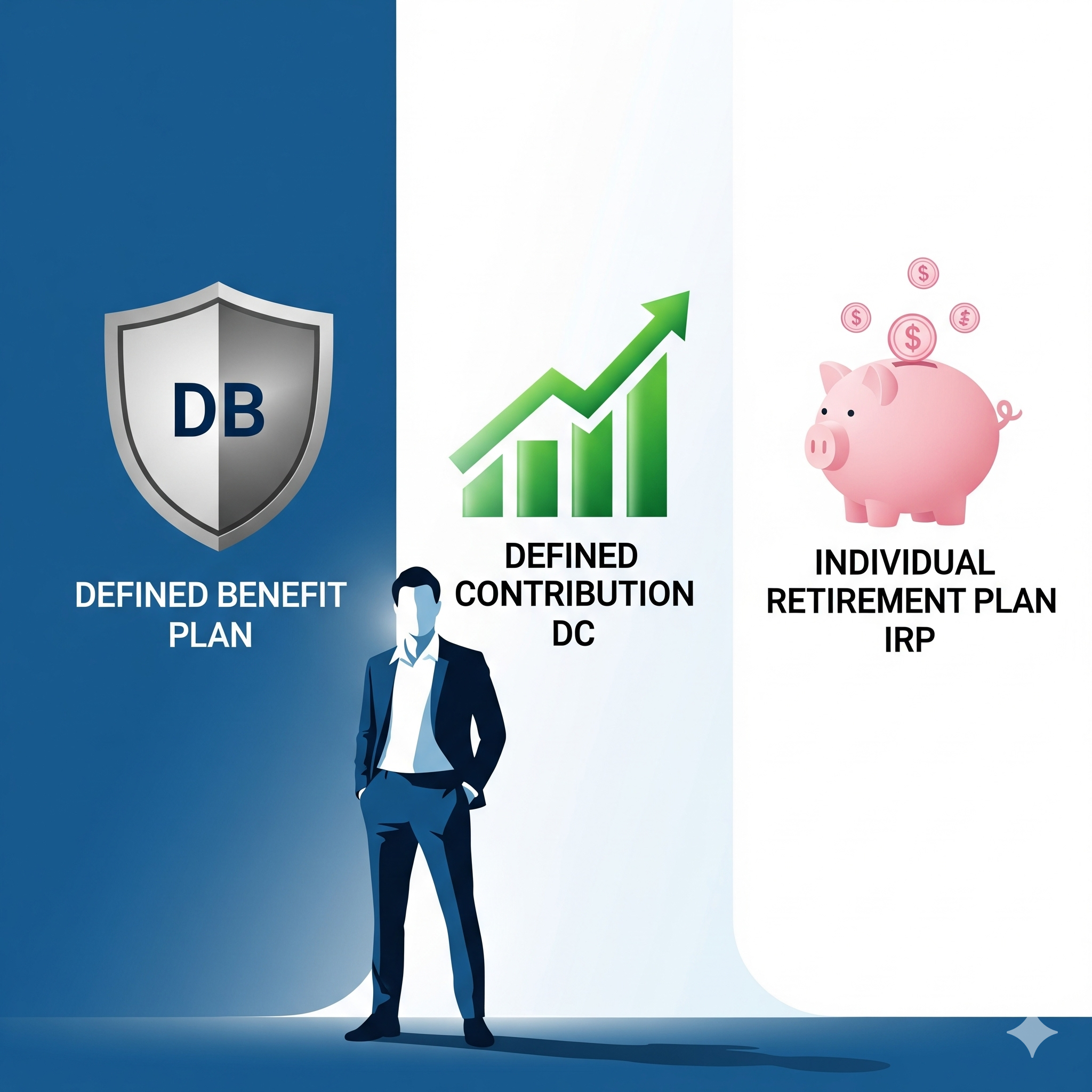 B&middot;DC&middot;IRP 금융 제도를 상징하는 세 가지 아이콘과 인물이 있는 미니멀한 그래픽