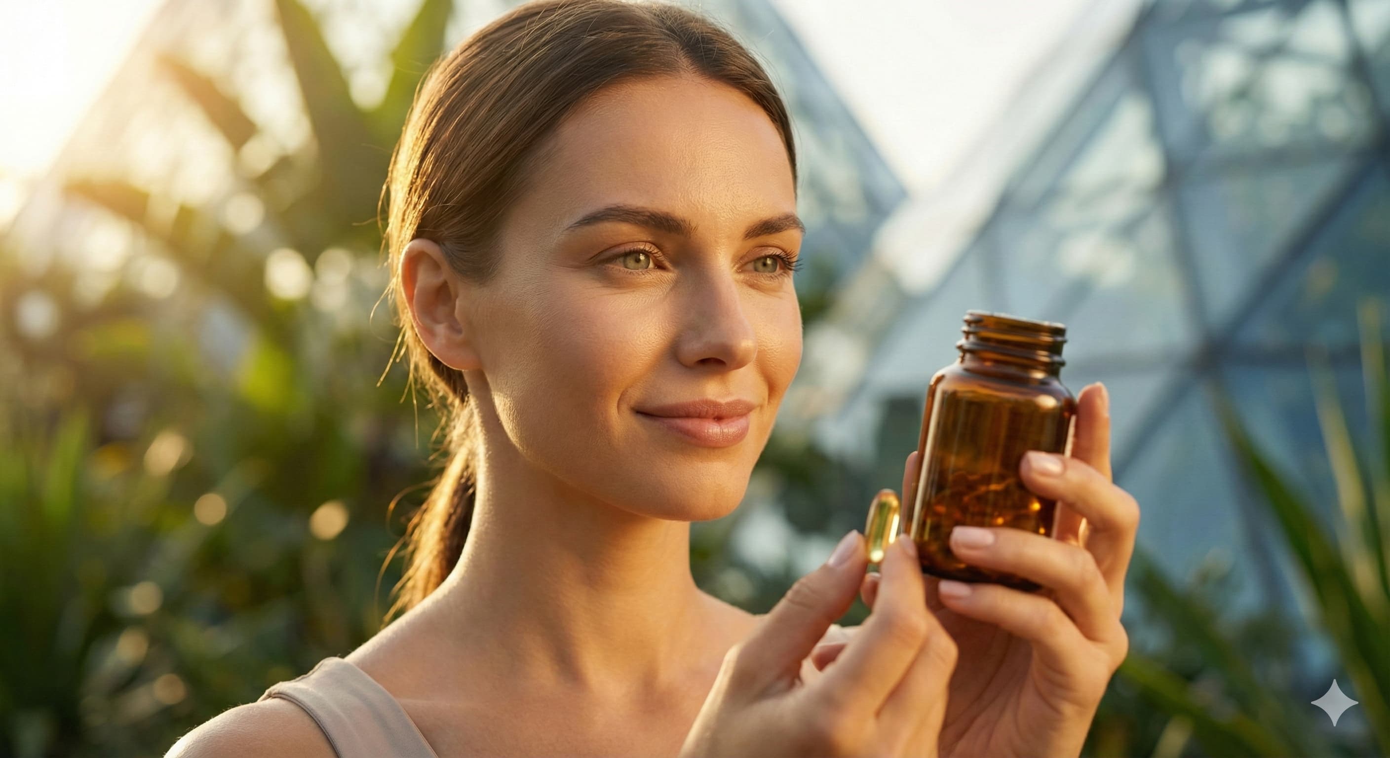 현대적인 식물원 야외 정원에서, 황금빛 햇살이 부서지는 잎사귀를 바라보며 영리하고 건강한 선택을 다짐하는 여성의 클로즈업