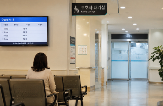 수술실 앞에서 보호자가 대기하는 모습