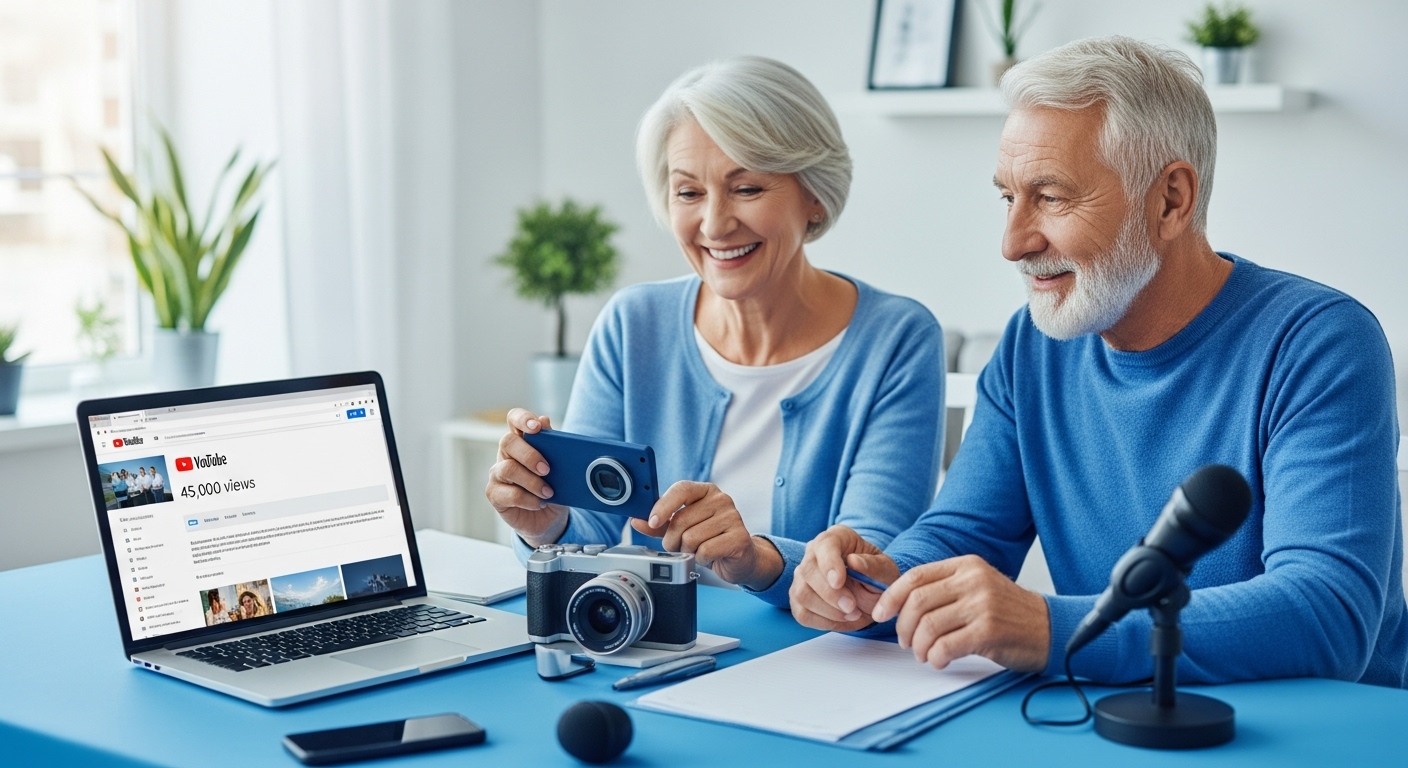 유튜브 채널 조회수 45,000을 기록한 시니어 유튜버가 노트북과 카메라 앞에서 환하게 웃고 있는 모습