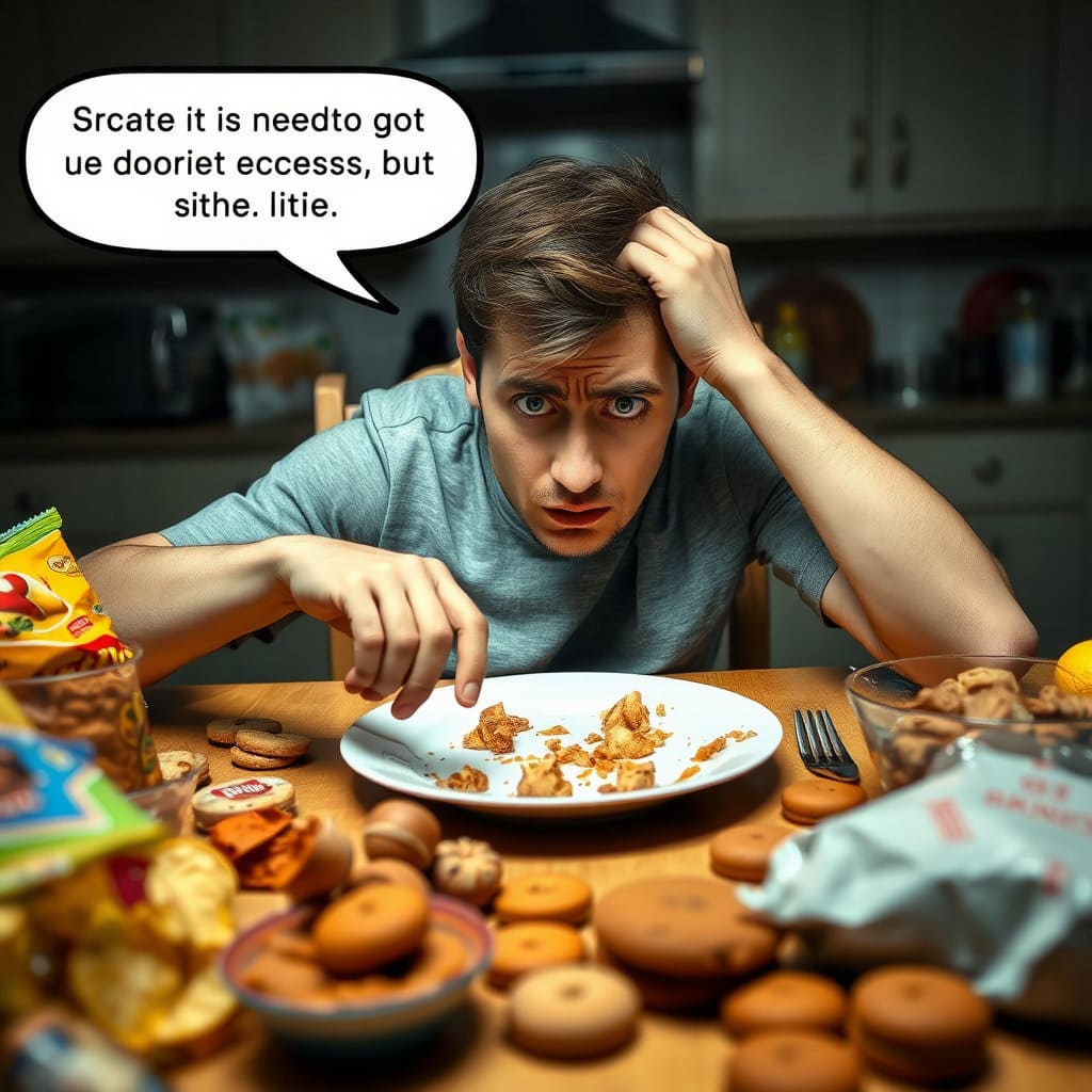 몸에서 에너지를 제대로 사용하지 못해 세포가 영양분을 흡수하지 못하면서 뇌가 계속 허기를 느끼도록 지시하는 상황을 표현합니다. 식사 후에도 간식이나 다른 음식을 찾는 모습을 연출할 수 있습니다.