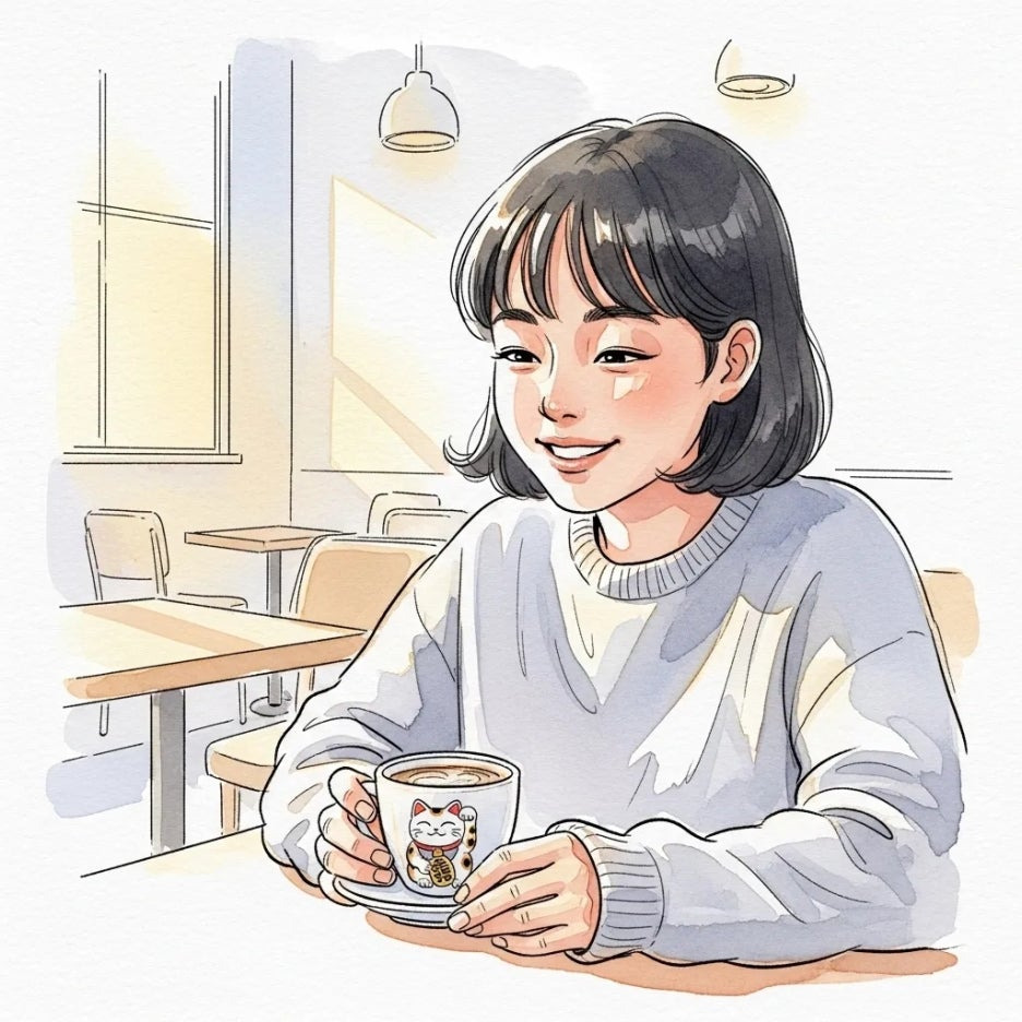 행운냥 컵을 보며 즐거워하는 사람의 평화로운 순간