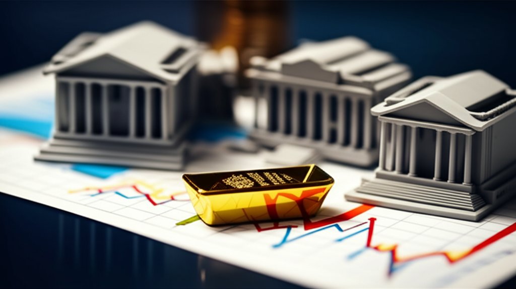 경제적 불확실성 상징물들 사이에서 안정적으로 빛나는 금괴, 미니어처 디오라마 스타일, 틸트시프트 효과