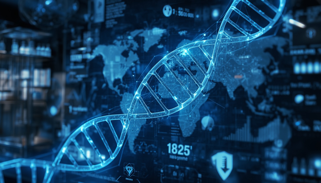 High-tech visualization of global pharmaceutical cancer vaccine clinical trials and biotech investment metrics.