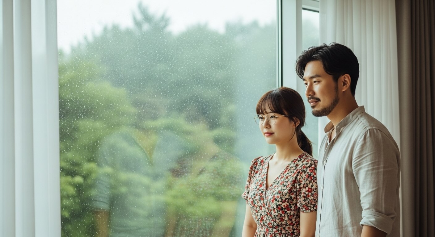 비오는날 창가를 바라보는 커플