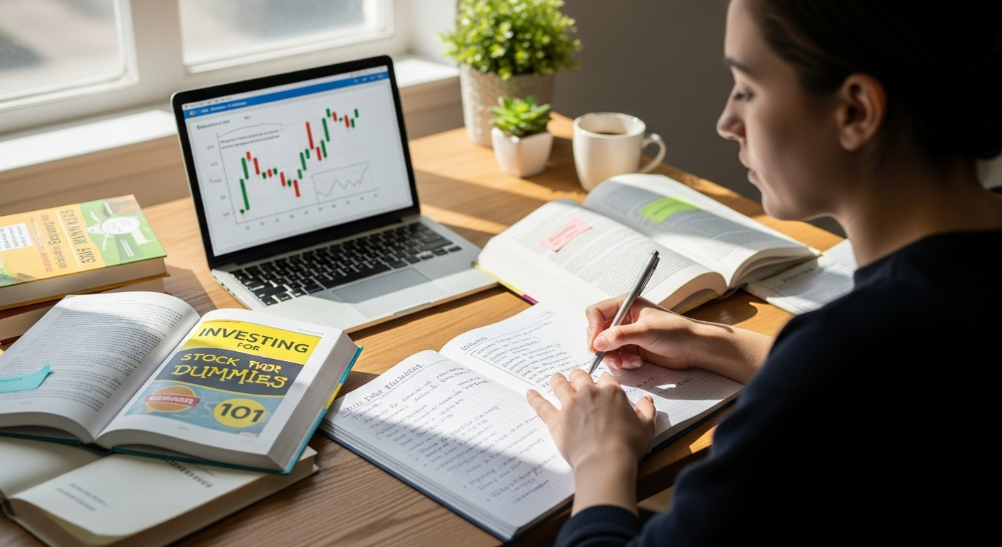 노트북과 책으로 주식 공부를 시작하는 초보 투자자의 모습