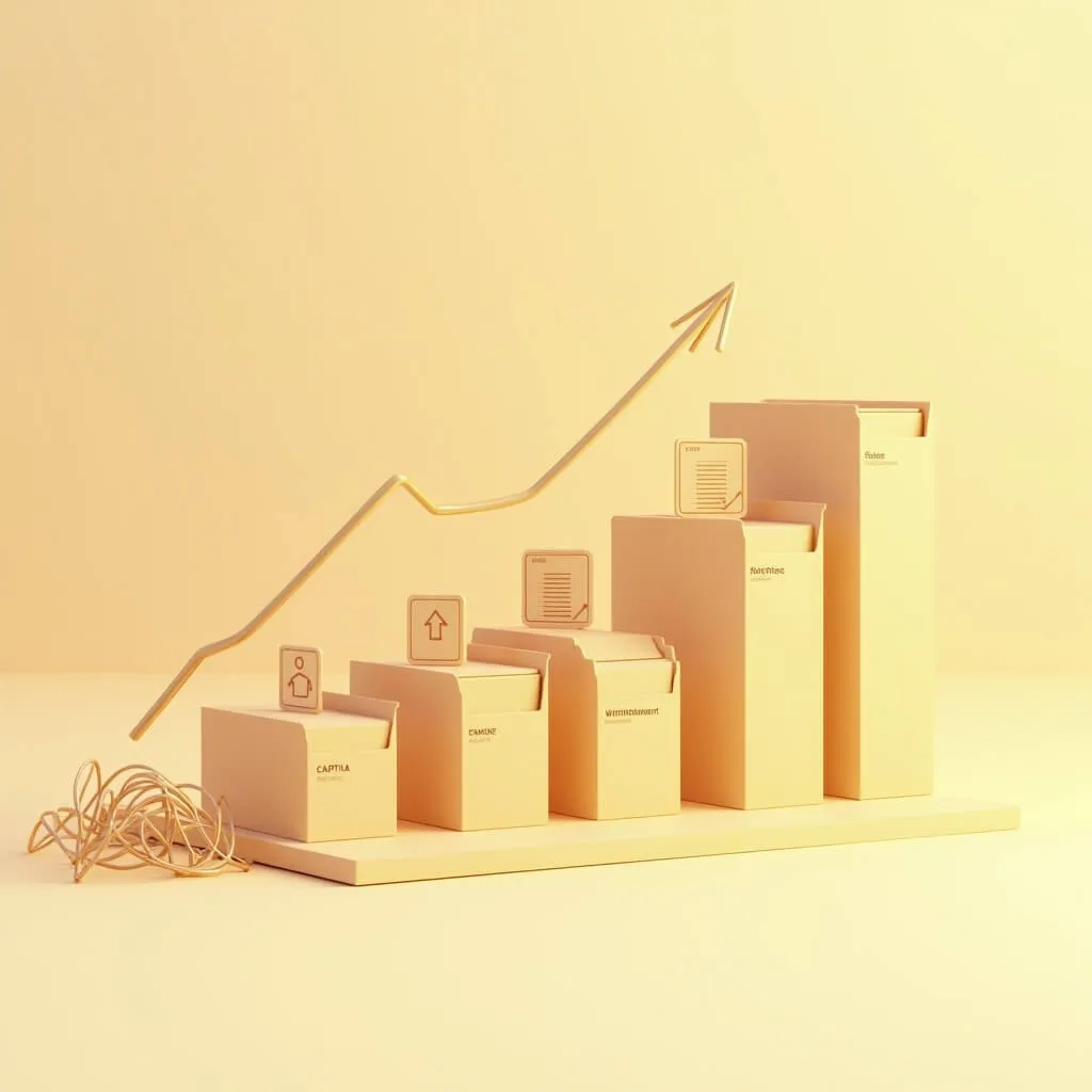 개인사업자 사업용 계좌 거래를 4박스로 분류하는 정리 시스템을 보여주는 이미지. 따뜻한 베이지-크림 배경에 4개의 깔끔한 3D 폴더 또는 상자가 일렬로 정렬되어 있음. 각 박스 위에는 구분 아이콘이 표시됨 - 1번 상향 화살표(사업 수입)&amp;#44; 2번 영수증(사업 지출)&amp;#44; 3번 사람 아이콘(대표자 인출)&amp;#44; 4번 플러스 기호(개인자금 투입). 중앙에는 작은 장부 또는 체크리스트가 있고&amp;#44; 왼쪽의 엉킨 선이 오른쪽으로 가며 정돈된 직선으로 변하여 혼란에서 질서로의 전환을 상징함. 개인사업자 장부 정리 및 증빙 관리 방법을 시각화한 금융 가이드 이미지 