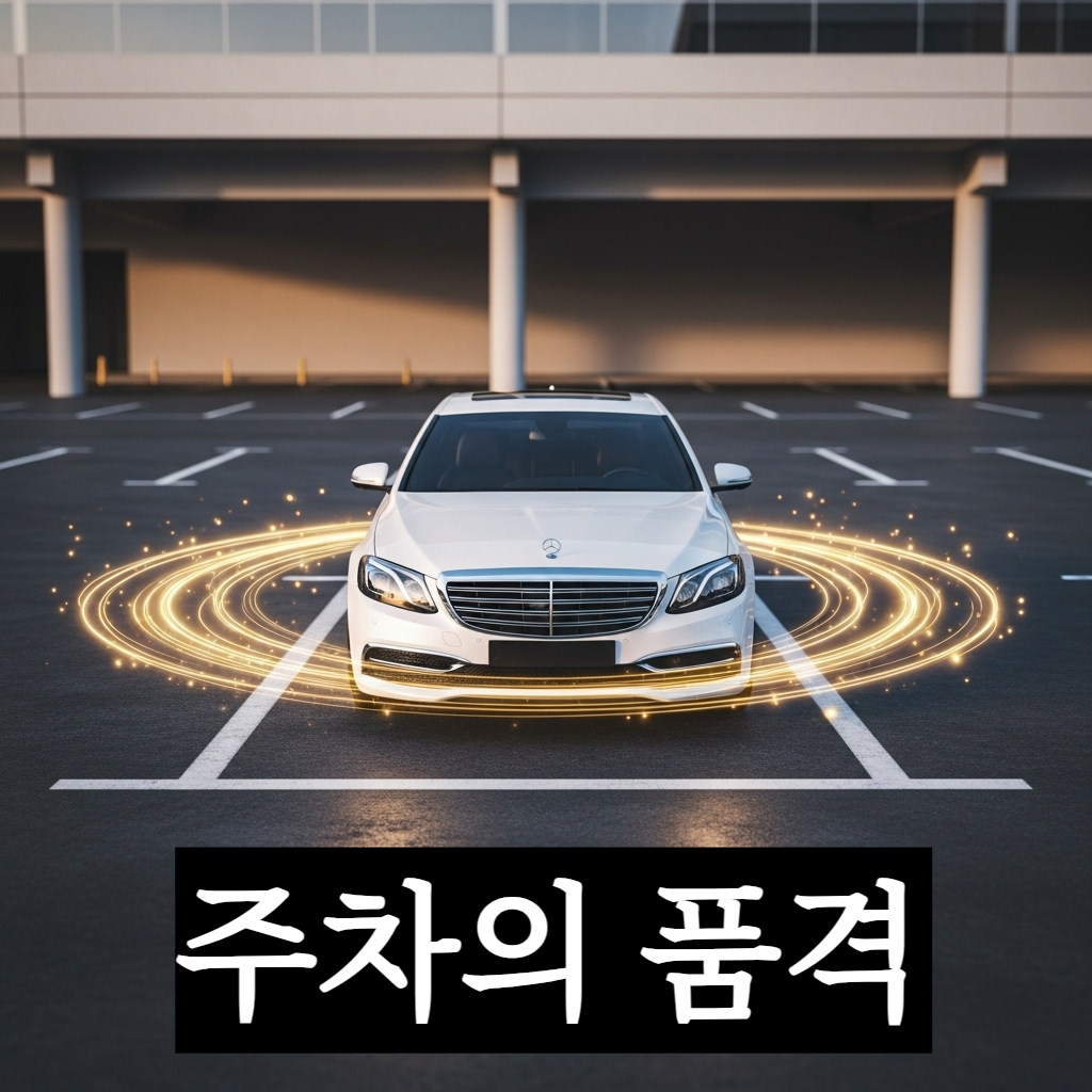 고급스럽고 현대적인 지하 주차장에서 세련된 화이트 세단이 주차 구획 선 중앙에 완벽하게 정렬되어 주차된 모습. 차량 주변으로 부드러운 황금빛 파동과 조화로운 에너지 선들이 퍼져나가며 정돈된 공간의 아름다움과 평화를 상징하는 시각적 묘사