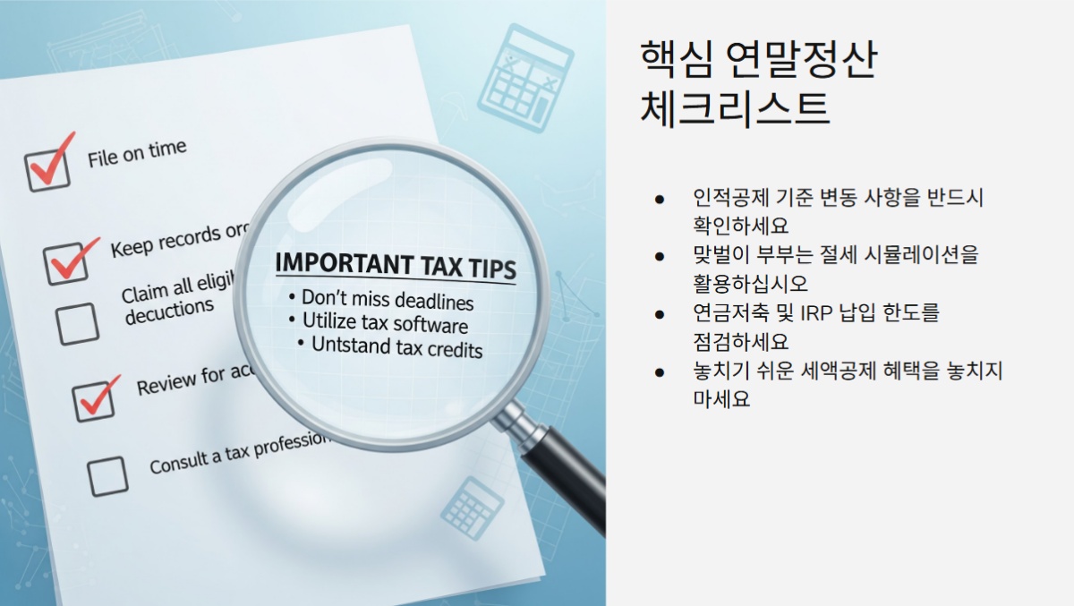 연말정산 체크리스트
인적공제 기준 변동 사항을 반드시 확인하세요
맞벌이 부부는 절세 시뮬레이션을 활용하십시오
연금저축 및 IRP 납입 한도를 점검하세요
놓치기 쉬운 세액공제 혜택을 놓치지 마세요