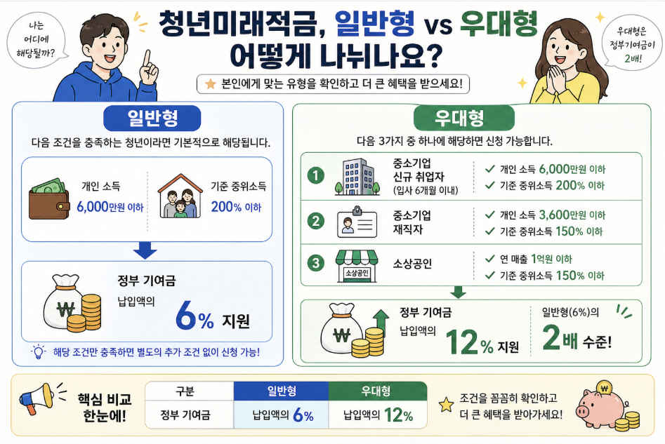 청년미래적금 일반형 vs 우대형 조건 비교 가이드: 일반형(개인소득 6천만원, 중위소득 200% 이하, 정부기여금 6%) 및 우대형(중소기업 신규취업자·재직자, 소상공인 대상, 정부기여금 12%) 자격 조건 및 혜택 요약 안내
