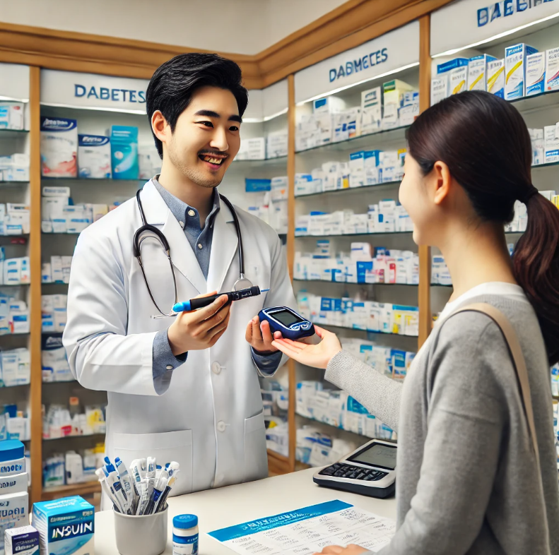 약사가 환자에게 인슐린 주사기 및 혈당측정 스트립을 건네는 모습