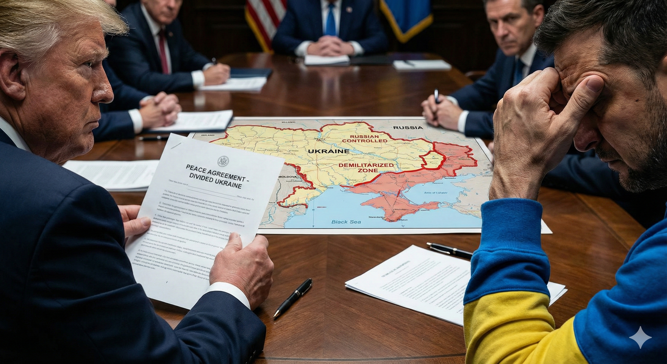 트럼프가 제안한 우크라이나 종전안을 상징하는 이미지. 지도에서 영토가 분할된 우크라이나와 평화 협정을 들고 있는 트럼프의 손, 그리고 고뇌하는 우크라이나를 대변하는 손이 극명한 대조를 이루며 긴장감 있는 평화 협상 분위기를 표현합니다.