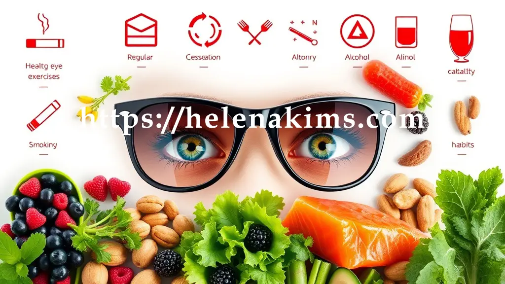 중앙에 맑고 선명하게 빛나는 눈동자. 주변에 선글라스, 규칙적인 눈 운동 아이콘, 금연/절주 상징. 또한 항산화 과일 (베리류), 녹색 잎채소, 연어, 견과류 등 눈에 좋은 음식들이 조화롭게 배치되어 백내장 예방 습관과 건강한 식단을 강조한 이미지.