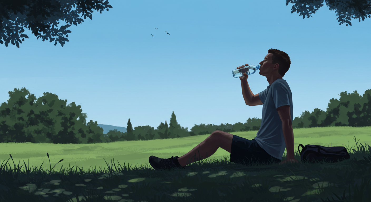 그늘 아래 물을 마시는 남자