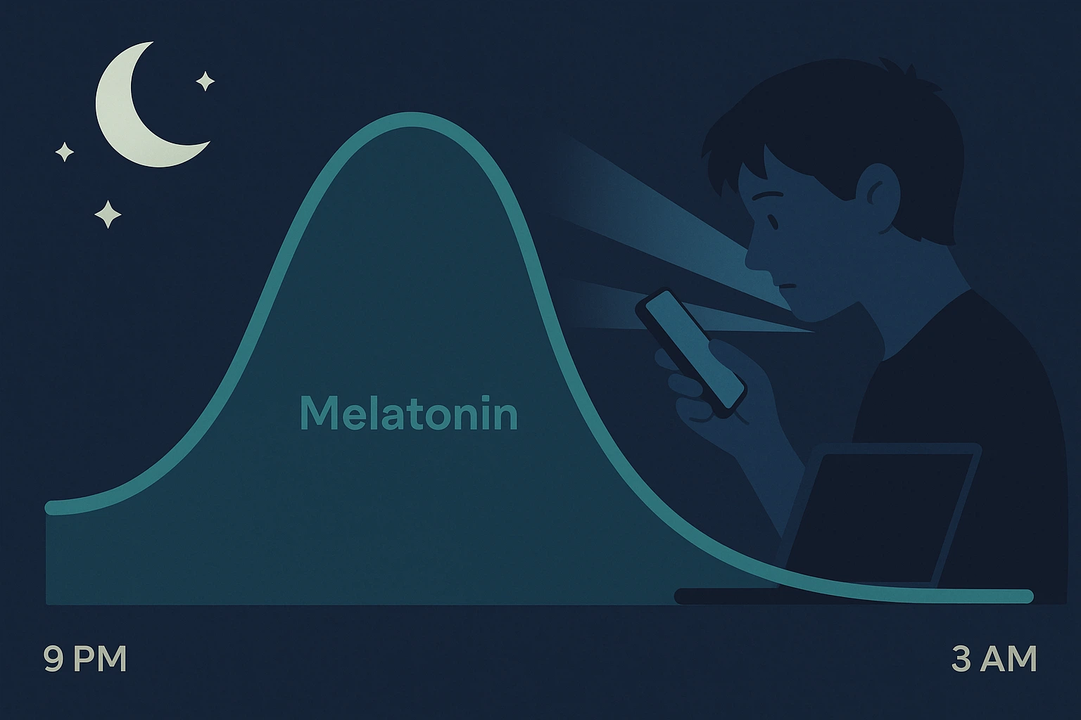 밤 9시~새벽 3시까지 멜라토닌 농도가 올라가는 곡선을 그래픽으로 표현