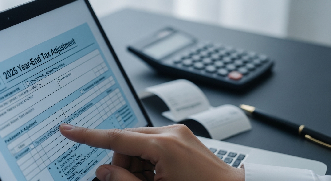 2025년 연말정산 서류를 노트북 화면으로 꼼꼼히 확인하는 손