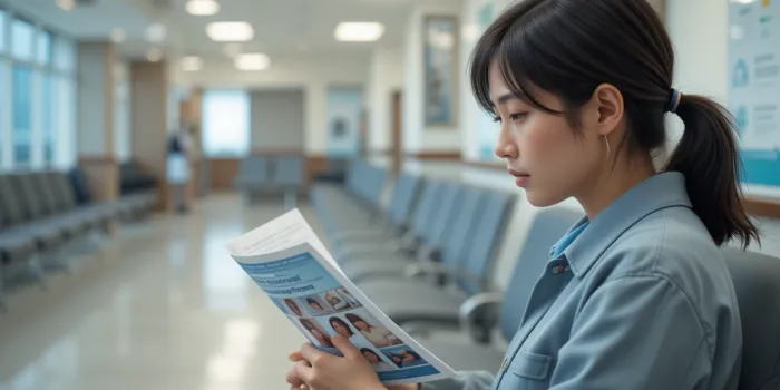 병원 대기실에서 대장내시경 비용 안내 책자를 보는 모습