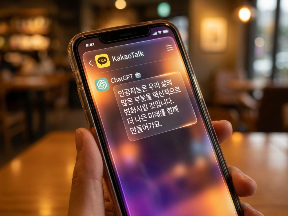 스마트폰 카카오톡 채팅창에 챗GPT 답변이 뜨는 장면 클로즈업